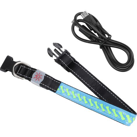 Verstellbares und wiederaufladbares LED-Leuchthalsband für Haustiere, blaues PU-Leder, für Katzen und Hunde, Größe S (1/5)