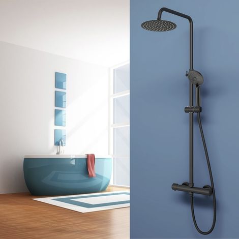 AICA ITALY Colonna doccia con rubinetto termostatico e doccetta idromassaggio, soffione doccia rotondo in acciaio inox da 20cm, nero opaco (1/5)