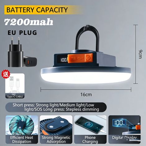 (7200 mAh, prix européen) Lampe de camping rechargeable, portable, à suspension magnétique, ultra-lumineuse, LED, pour tente, pêche et activités de plein air (1/5)
