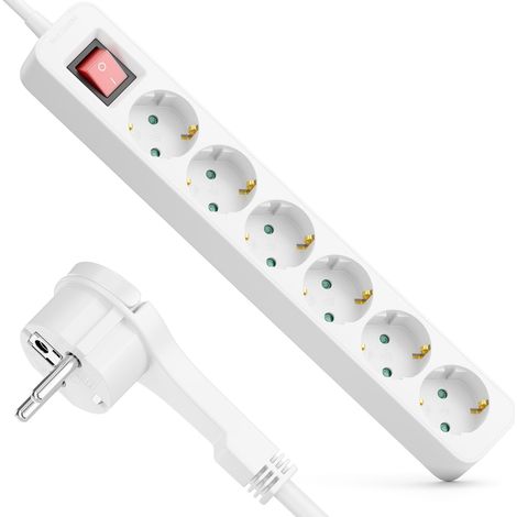 Multiprise 6 Prises avec Fiche Plate - 3,0m Câble - avec Interrupteur on/Off - Idéal Derrière Meubles, Bloc Prises Distributeur Rallonge Alimentation 3680W 16A - Blanc (1/5)