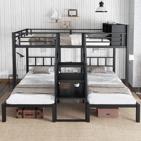 Letto a castello triplo angolare 90x200 e 140x200 cm a 3 posti salvaspazio con scala contenitore e sponda di sicurezza, Nero (1/5)