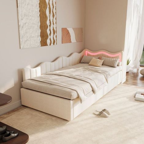 Letto bambino 90x200 - Testata ondulata - Cassettone idraulico - LED 7 colori - Velluto bianco crema (1/5)