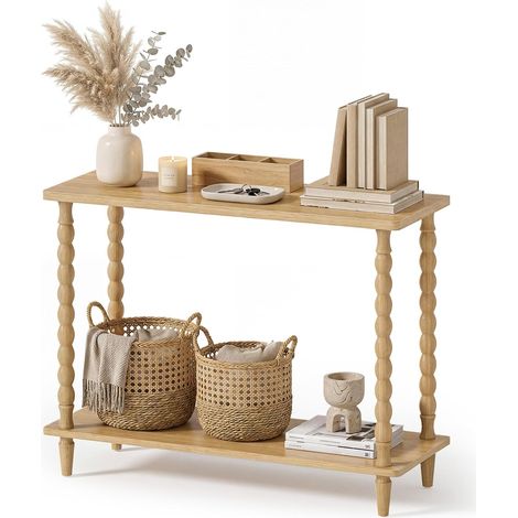 Console 100 cm de Long, Table d’Appoint 2 Niveaux, Table d’Entrée, Pieds en Bois Massif en Forme de Calebasse, Structure à Visser, pour Entrée, Vestibule, Couleur Bois Naturel (1/5)