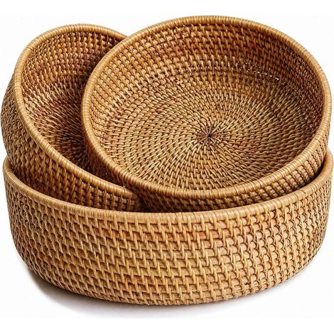 Panier de Rangement Rond en Rotin, Corbeille de Fruits en Osier, Organisateur Tressé Naturel pour Cuisine/Salle à Manger (Rond) (1/5)