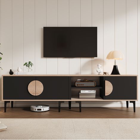 Mobile TV in truciolato nero e rovere 180 x 35 x 49 cm con 3 ante, 2 vani aperti e supporto fino a 80 pollici (1/5)