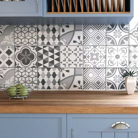Stickers Cuisine et Salle de Bain 20cm x 20cm - 20 pièces, Adhesif pour Carrelage Mural, Imitation Faience, Imitation Carreaux de Ciment - Applicateur Pose Facile Offert - Nuances de noir Lefou (1/5)