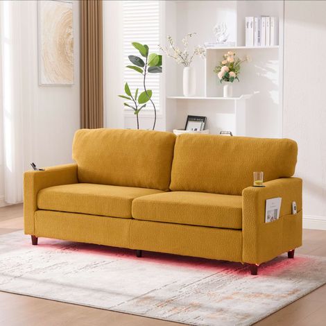 Canapé 2 places en chenille jaune moutarde 203 cm, USB-C, éclairage LED, porte-gobelets, poches latérales (1/5)