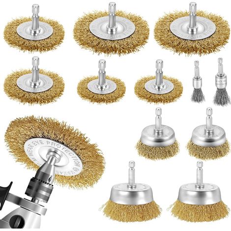 12 Pièces Brosse Métallique Fil d'acier avec Tige Hexagonale 6mm - pour Perceuse/Tournevis sans Fil - Idéale pour Enlever Rouille, Peinture et Saleté (1/5)