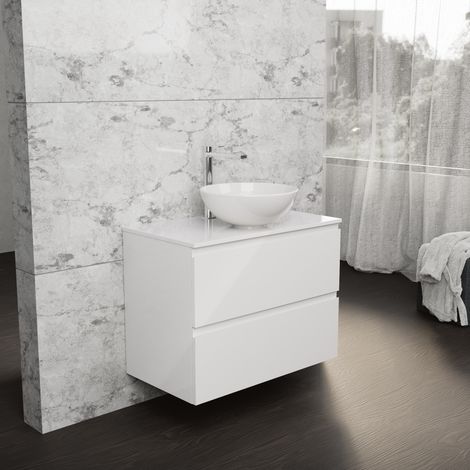 Inda - Badezimmerschrank B.80 mit Aufsatzwaschbecken / Hochglanzweiß 2 Schubladen - Rubin (1/5)