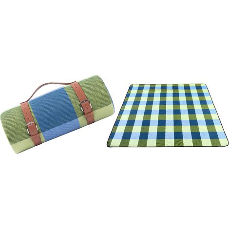 Tapis de pique-nique en cuir bleu à treillis, 2 x 2 mètres, avec sangles (1/5)