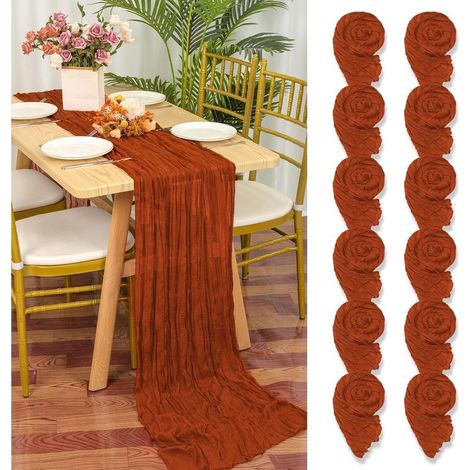 Lot de 12 chemins de table en gaze rustique, 55x300cm, teinte terre cuite pour mariage.