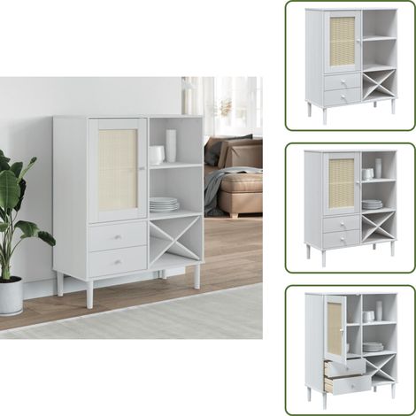 The Living Store Buffet SENJA aspect rotin blanc 90x40x112cm bois massif de pin - Meuble Haut - Buffet - Commode - Rangement - Bois Massif