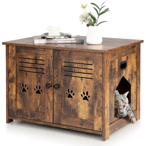 COSTWAY Mueble Arenero para Gatos, Doble Puerta, Baño Oculto para Gatos, Mesa de Café, Casa para Gatos Grande y Pequeña 70 x 51,5 x 50,5 cm (1/5)