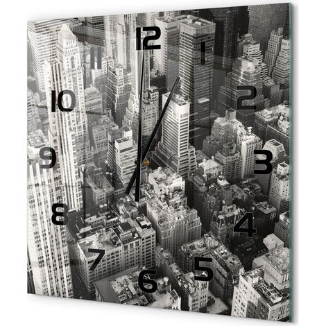 Grande Horloge Murale Carrée Tendance Verre Trempé Silencieuse Déco Salon Maison Vol d'oiseau à New York 60x60 cm (1/5)