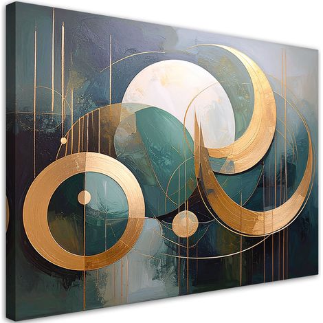 Tableau Moderne, Formes géométriques cercles vert or,30x20 (1/4)