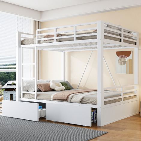 Letto a castello in metallo con cassetti, letto contenitore salvaspazio per bambini (140x200 cm) con scaletta e sponda di sicurezza, bianco. (1/5)