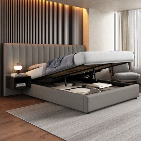 Lit coffre 160x200 avec 2 chevets lin gris noir HAVRYA (1/5)