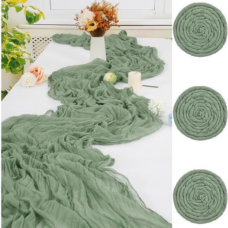 Lot de 3 Chemins de Table en étamine en Vert Sauge 90 x 300cm Rustic Boho Cheese nappes Long Chemin de Table en Tulle Lavable pour la décoration de réception de Mariage Fête d'anniversaire (1/5)