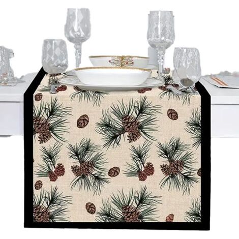 Chemin de table motif pommes de pin et aiguilles de pin d'hiver - Décoration de table pour fête - 183 cm x 33 cm (1/5)