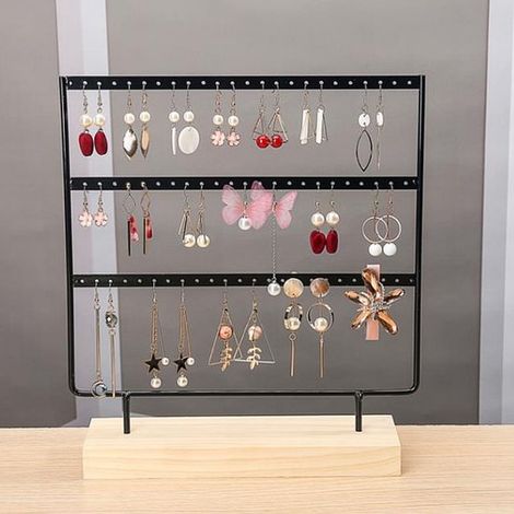 Présentoir à boucles d'oreilles - Organisateur de bijoux noir - 69 paires - 3 niveaux - Base en bois - Porte-boucles d'oreilles - Rangement bijoux