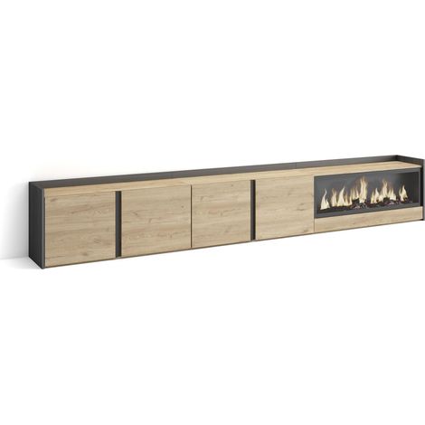 Skraut Home - Mueble TV, Televisión, Muebles de salón, almacenaje, 315x35x50cm, Para TV hasta 80", Chimenea eléctrica XXL, Estilo Moderno, Roble y negro (1/5)
