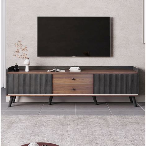 Mueble TV 160 x 40 x 58 cm con puertas correderas y 2 cajones, negro y madera HAVRYA (1/5)