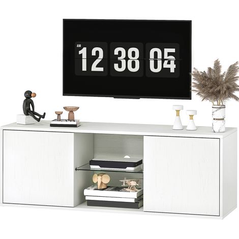 Mobile Porta TV jusqu'à 55" Suspendu ou au Sol, Portes avec Fermeture Douce, Trou Passacâbles et Étagère en Verre, Blanc (1/5)