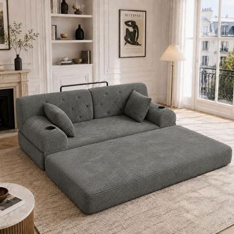 Canapé Convertible 168x80x81cm Velours Côtelé Gris Foncé 2 Places - Canapé-Lit - Dossier Haut, Mousse HD, 2 Porte-gobelets, 4 Poches (1/5)