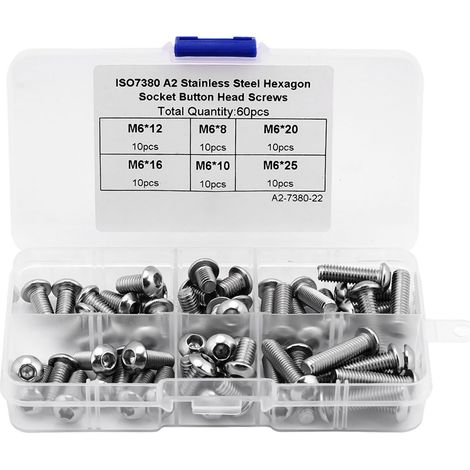 Lot de 60 vis à tête cylindrique creuse hexagonale M6 en acier inoxydable, avec boîte en plastique. (1/5)
