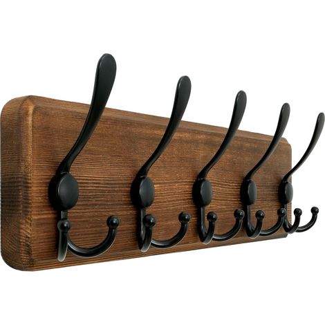 Porte Manteau Mural Bois,5 Crochets Triples,Patère Murale,44 cm Bois Massif Porte Manteau Salle De Bain pour Manteaux Veste,Marron (1/5)
