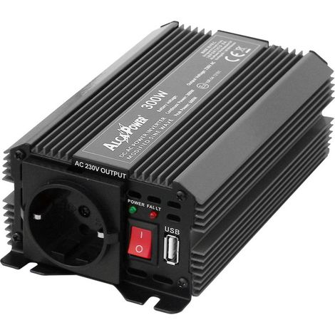 Onduleur Alcapower 300W démarrage progressif, convertisseur DC 24V vers AC 230V, port USB 5V 500mA, protection avancée, haute efficacité et sécurité