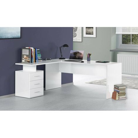 Dmora Escritorio de esquina, Made in Italy, Mesa minimalista para ordenador, Escritorio para PC, 160x60h75 cm, color blanco brillante, con embalaje reforzado (1/5)
