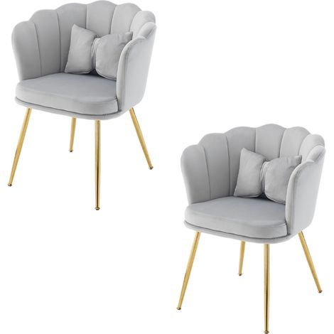 Lot de 2 chaises de salle à manger en velours gris, dossier pétale, pieds métal doré, coussin papillon, pour salon chambre, CHICFURN (1/5)