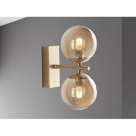 Außergewöhnliche LED Wandlampe Messing Glaskugeln Amber, Höhe 23cm (1/5)