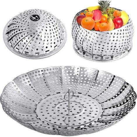 Cuit-vapeur en acier inoxydable avec panier vapeur réglable. Dimensions : L 15 cm x l 15 cm x H 8,5 cm. (1/2)