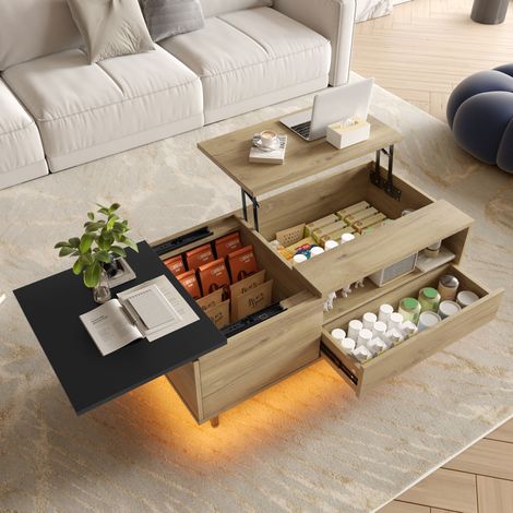 Couchtisch aus Holzwerkstoff 103,5 cm natur, höhenverstellbare Tischplatte mit Stauraum und LED (1/5)