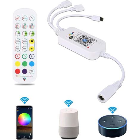 Contrôleur WIFI de Ruban LED, Récepteur Wifi Sans Fil avec Télécommande IR Touches, Contrôle Vocal pour Bande LED RGB 5050 3528 (1/5)