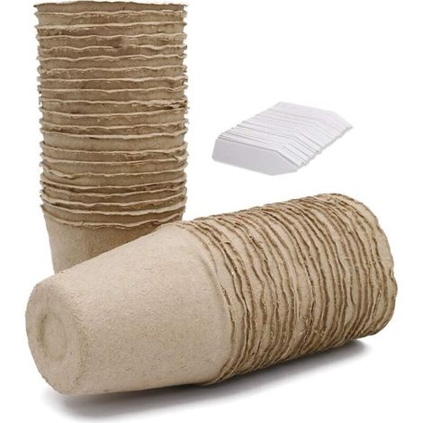 100 Petit Godets de repiquage Pot de pépinière en Fibre biodégradable 8 cm, 100 étiquettes Plastiques Blanches 1 x 5 cm