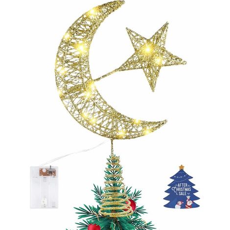 Étoile de Sapin de Noël,Arbre de Noël Haut de Forme Décoration en Forme de Lune et D'étoile,Accessoire de Décoration Étincelant pour Noël Décoration Magnifique pour Fête Traditionnellel-D' Or,30cm,- L (1/5)