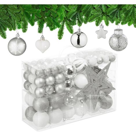 Relaxdays Weihnachtskugeln 101er Set, Kunststoff, Weihnachtsbaumdeko mit Kugeln & Spitze, Christbaumschmuck, silber/weiß