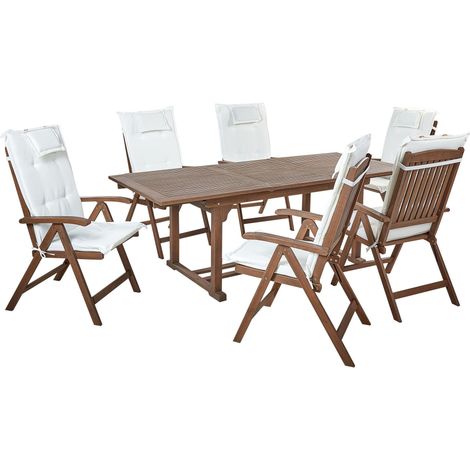 Set da giardino con 6 sedie in legno di acacia marrone scuro con cuscini bianco sporco Amantea