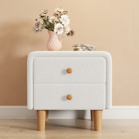 Comodino imbottito con 2 cassetti con guide silenziose e maniglia rotonda in legno, gambe in legno, spazio per riporre oggetti in soggiorno e camera da letto, imitazione polare, MDF + pino, bianco