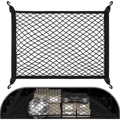 Filet Voiture pour Chien Coffre de Rangement Camping Car, 80×60cm Peut Être Étendu Jusqu'À 160×120cm avec 4 Crochets Renforcement Solides, Van Aménagé Suspendu Elastique pour Plupart Voiture(Noir) (1/5)