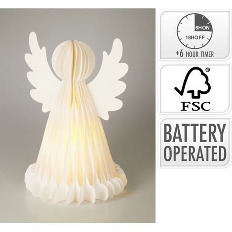 Angelo decorativo in carta con LED, altezza 50 cm, colore bianco