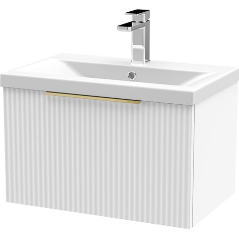 Fluted Front Wall Hung 1-Drawer Bathroom Vanity Unit with 1 Tap Hole Basin, 600mm, Satin White, Brushed Brass Handles (1/5)