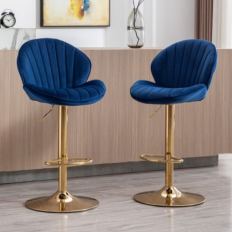 Wahson Lot de 2 tabourets de bar en velours bleu – Chaise haute réglable avec dossier – Hauteur d'assise 64,5-85 cm – Pieds en métal doré, Bleu (1/5)