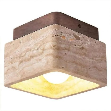 Plafonnier Vintage,Lampe de Plafond Moderne en Travertin Jaune Naturel Lustre Bois Abat-jour en Carre,1212cm (1/5)
