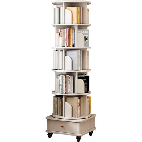 Biblioteca giratoria 360° con ruedas y cajón de MDF blanco 173 cm (1/5)
