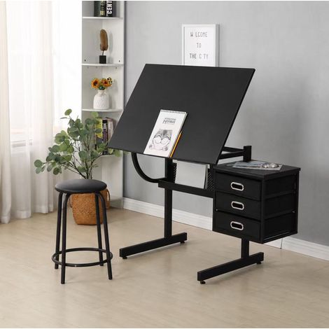 Tavolo da disegno regolabile con sgabello e 3 cassetti, piano inclinabile 0-75°, nero OKMYHOME (1/5)