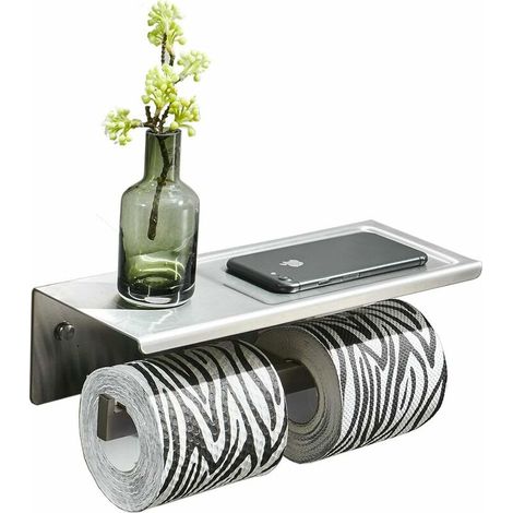 Porte-Papier Toilette Mural avec Etagère de Rangement Support de Téléphone. Acier Inoxydable Brossé. pour Deux Rouleaux